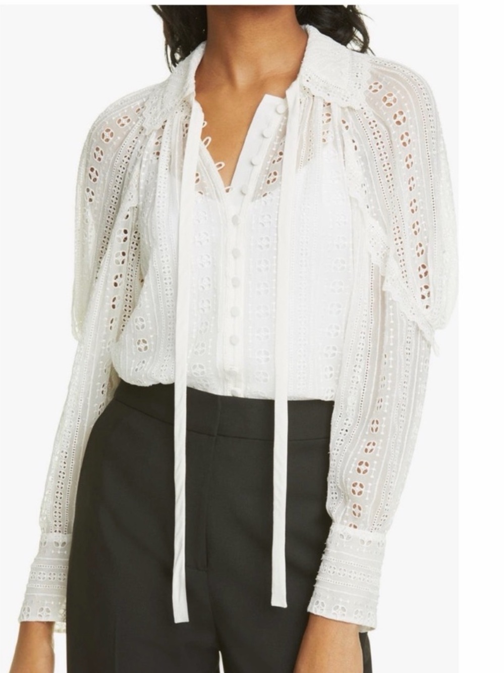 Rebecca Taylor Women's White Eyelet Tie-Neck Blouse size XS